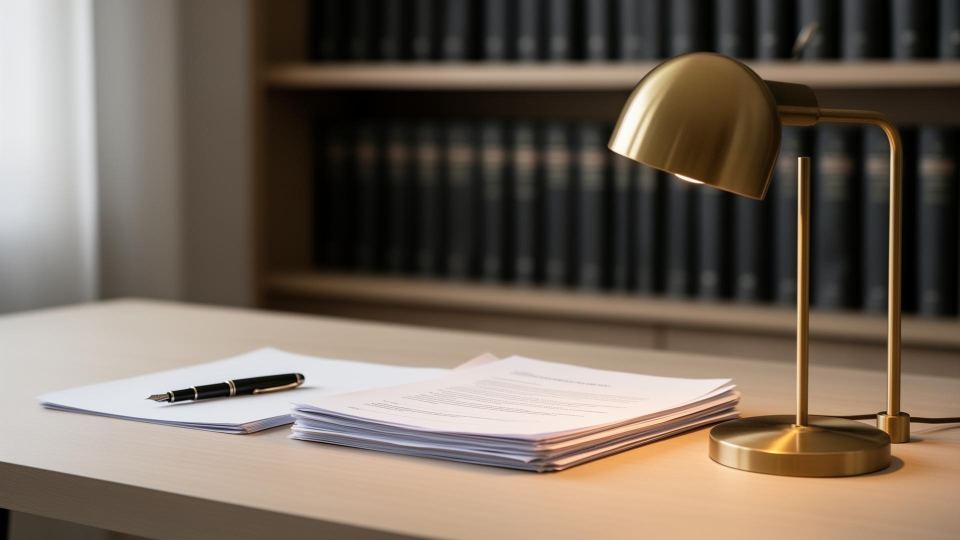 Advokatkontor med dokumenter, penn og lampe — representerer advokatbistand i NAV-saker