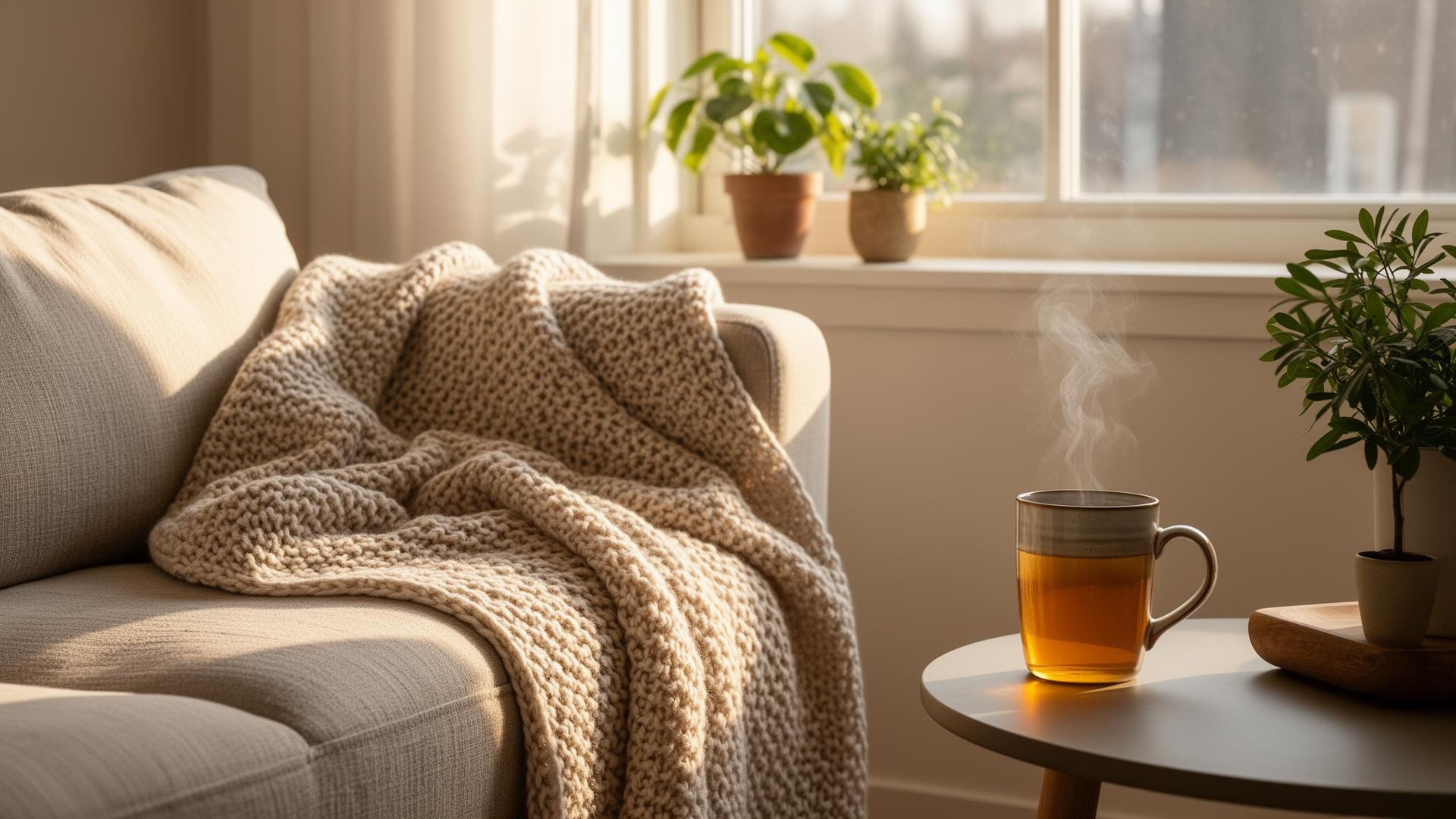 Rolig stue med pledd og tekopp i morgenlys — illustrerer hvile og rett til sykepenger